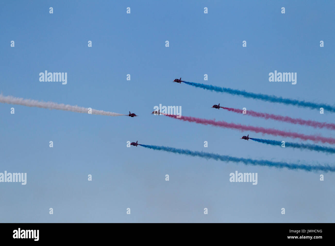 Blackpool, Lancashire, UK. 12th Aug, 2017. RAF Red Arrows perform a high speed manouevre. Credit: Russell Millner/Alamy Live News Stock Photo