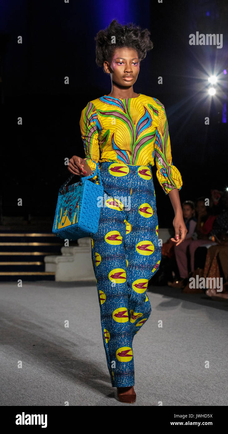 London, UK. 12th Aug, 2017. Day 2, Show 1. The Becca Apparel designs are presented by models on the runway. This show features designs by Jutu, Becca Apparel, Luvita Creations, Abisola Akanni, Atelier Nsoromma, Trish O, Tubo. Valerie Azinge Atelier, Tobams Colours. Since debuting in 2011, the two day Africa Fashion Week London, AFWL, has grown into one of the largest Africa inspired fashion events in Europe. Credit: Imageplotter News and Sports/Alamy Live News Stock Photo