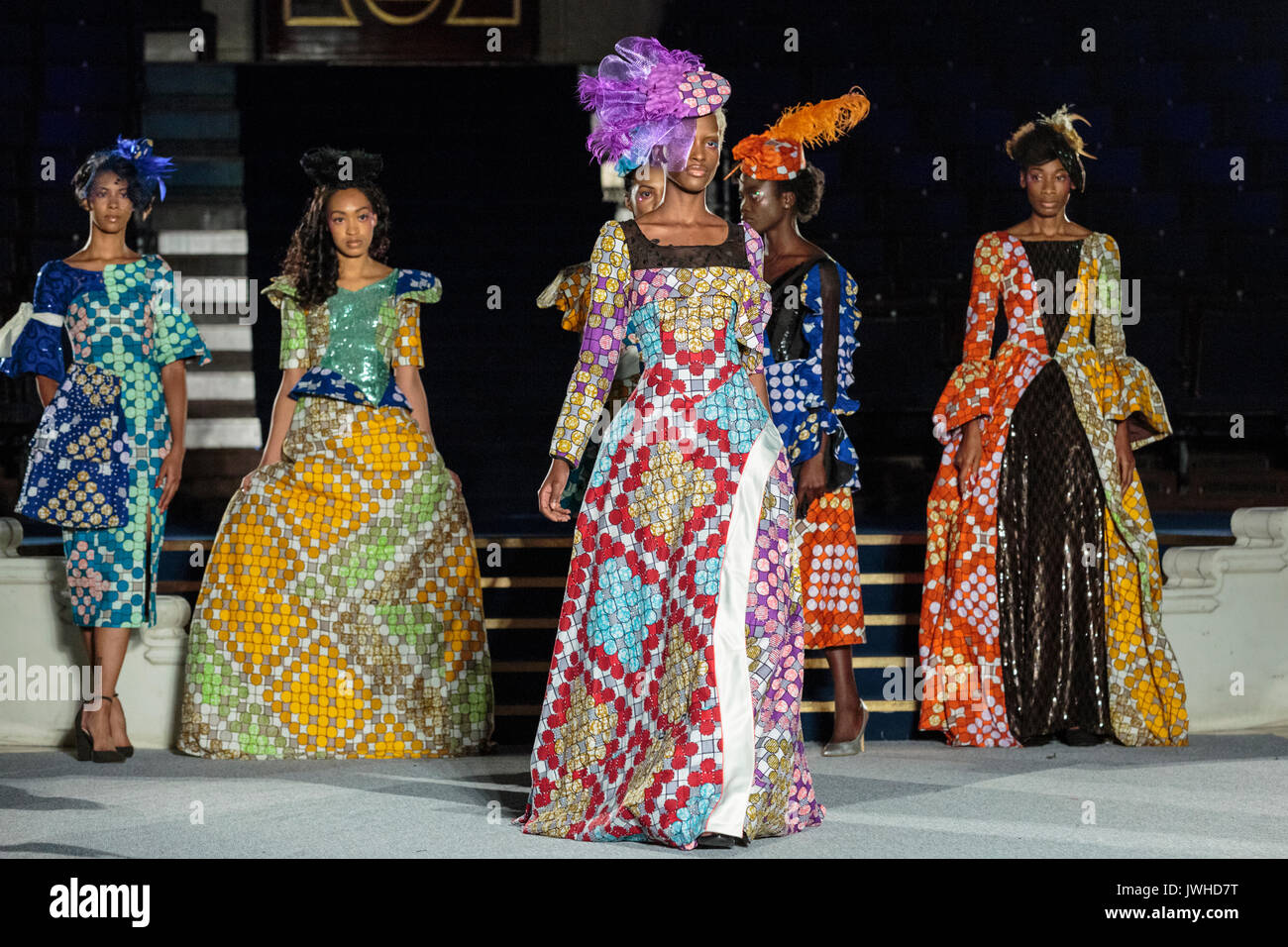 London, UK. 12th Aug, 2017. Day 2, Show 1. The Luvita Creations designs are presented by models on the runway. This show features designs by Jutu, Becca Apparel, Luvita Creations, Abisola Akanni, Atelier Nsoromma, Trish O, Tubo. Valerie Azinge Atelier, Tobams Colours. Since debuting in 2011, the two day Africa Fashion Week London, AFWL, has grown into one of the largest Africa inspired fashion events in Europe. Credit: Imageplotter News and Sports/Alamy Live News Stock Photo