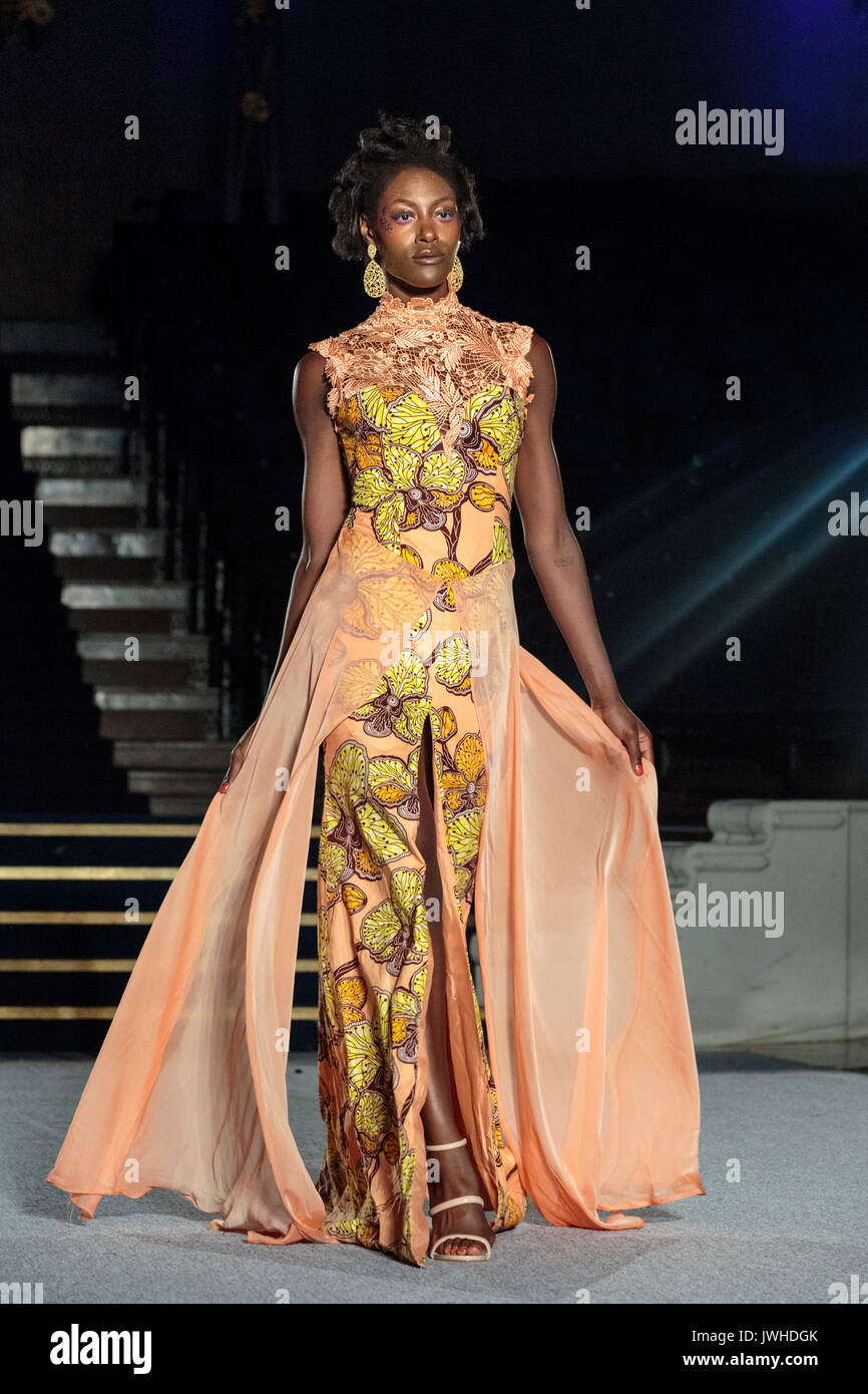 London, UK. 12th Aug, 2017. Day 2, Show 1. The Valerie Azinge Atelier designs are presented by models on the runway. This show features designs by Jutu, Becca Apparel, Luvita Creations, Abisola Akanni, Atelier Nsoromma, Trish O, Tubo. Valerie Azinge Atelier, Tobams Colours. Since debuting in 2011, the two day Africa Fashion Week London, AFWL, has grown into one of the largest Africa inspired fashion events in Europe. Credit: Imageplotter News and Sports/Alamy Live News Stock Photo