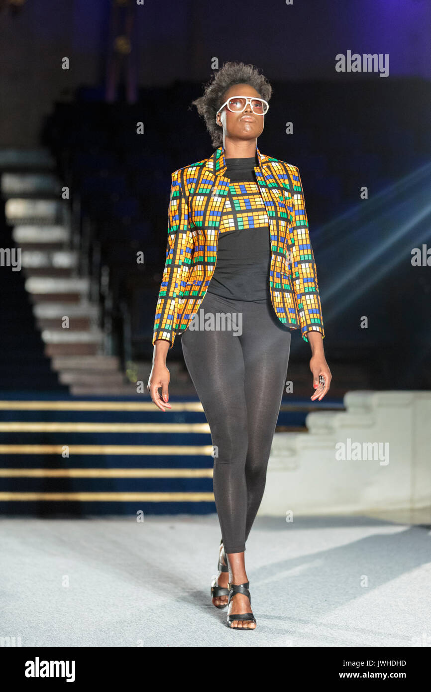 London, UK. 12th Aug, 2017. Day 2, Show 1. The Tobhams Colours designs are presented by models on the runway. This show features designs by Jutu, Becca Apparel, Luvita Creations, Abisola Akanni, Atelier Nsoromma, Trish O, Tubo. Valerie Azinge Atelier, Tobams Colours. Since debuting in 2011, the two day Africa Fashion Week London, AFWL, has grown into one of the largest Africa inspired fashion events in Europe. Credit: Imageplotter News and Sports/Alamy Live News Stock Photo