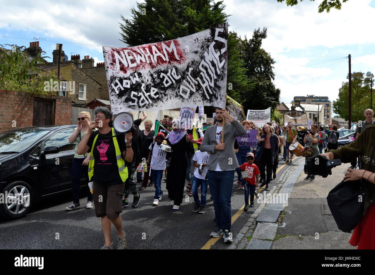 East London, UK. 12th Aug, 2017. Dozens of residents protest in London against demolition of council estates East London, UK Credit: Ajit Wick/Alamy Live News Stock Photo