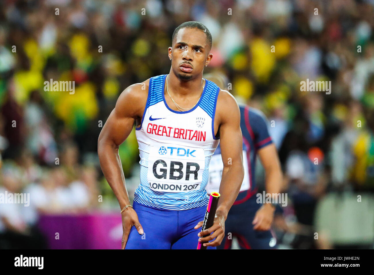 London, UK. 12th Aug, 2017. London, August 12 2017 . Chijindu Ujah at the  start of the men's 4x 100m relay on day nine of the IAAF London 2017 world  Championships at