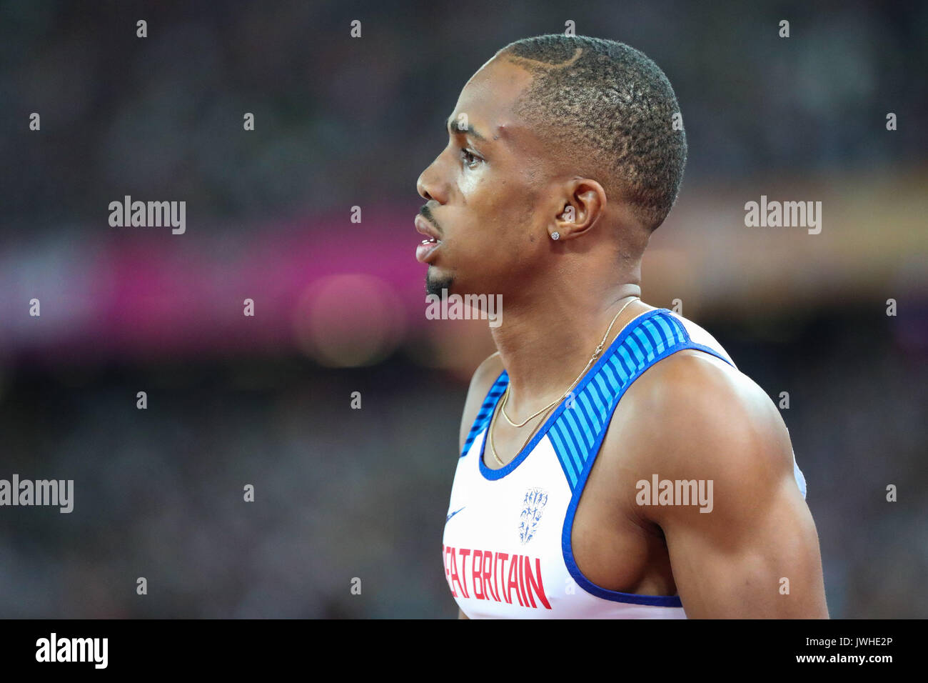 London, UK. 12th Aug, 2017. London, August 12 2017 . Chijindu Ujah after winning the the men's 4x 100m relay on day nine of the IAAF London 2017 world Championships at the London Stadium. Credit: Paul Davey/Alamy Live News Stock Photo