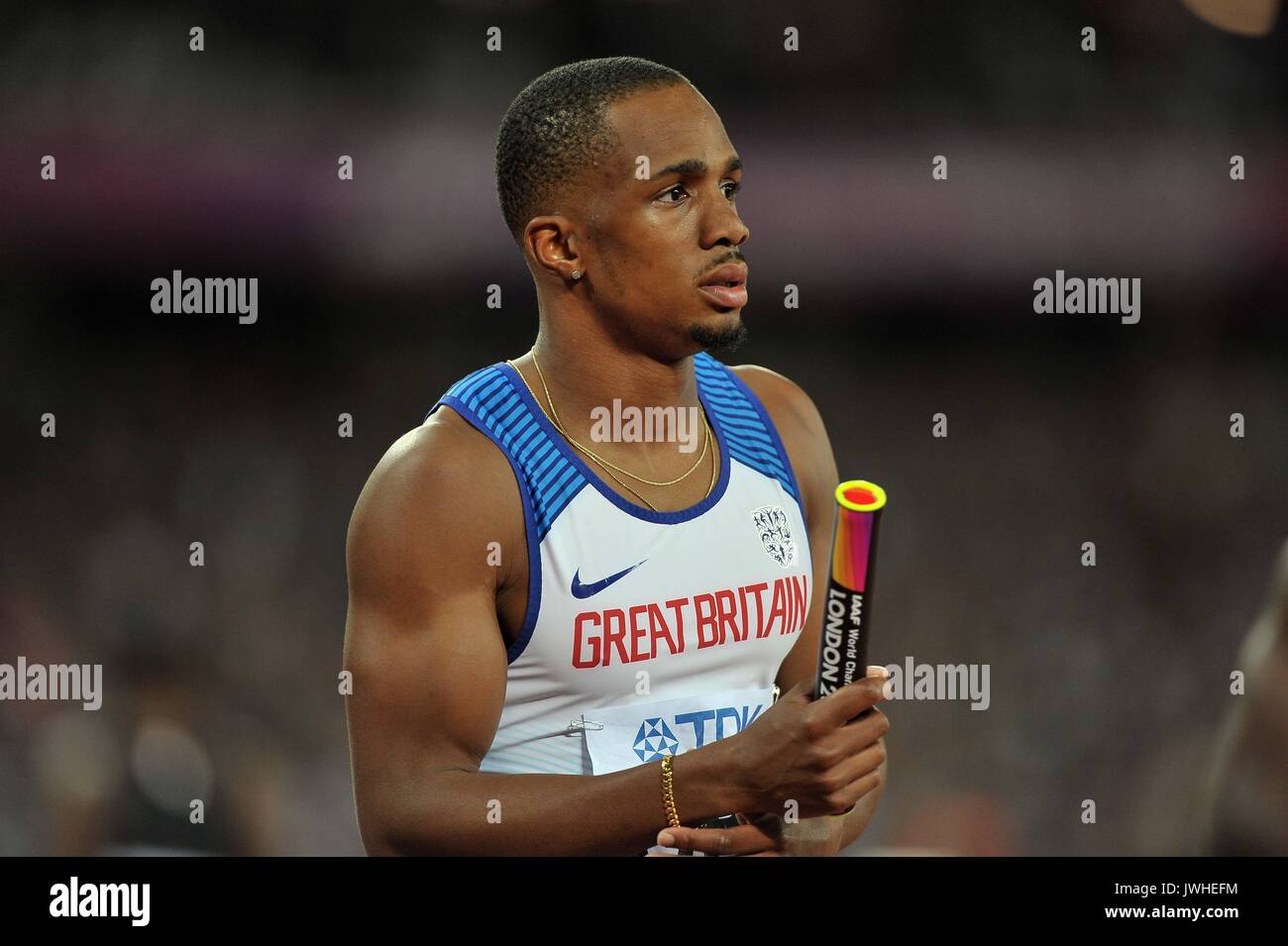Chijindu UJAH with the baton at the start of the mens 4 x 100m relay