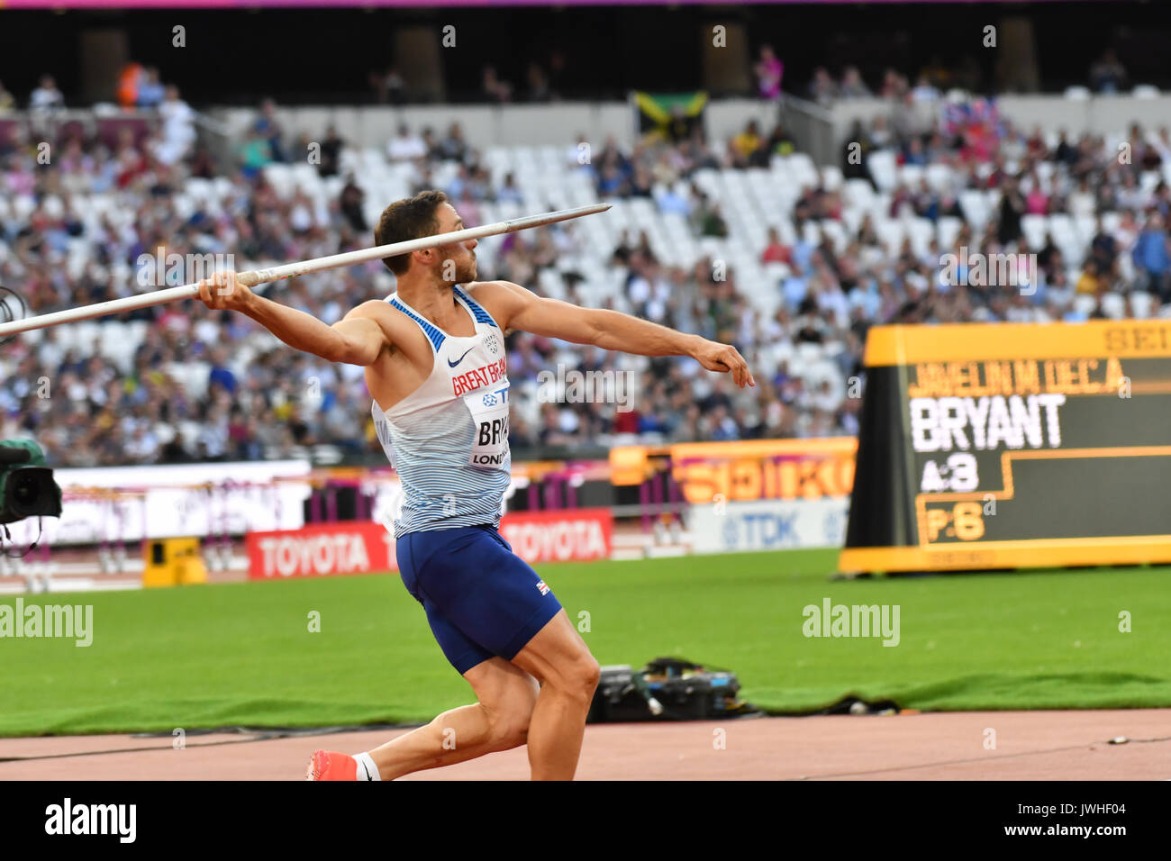 Queen Elizabeth Park, London, UK. 12th August 2017. IAAF World Championships. Day 9. Men's Decathlon, Javelin Throw, Ashley Bryant (GBR). Stock Photo