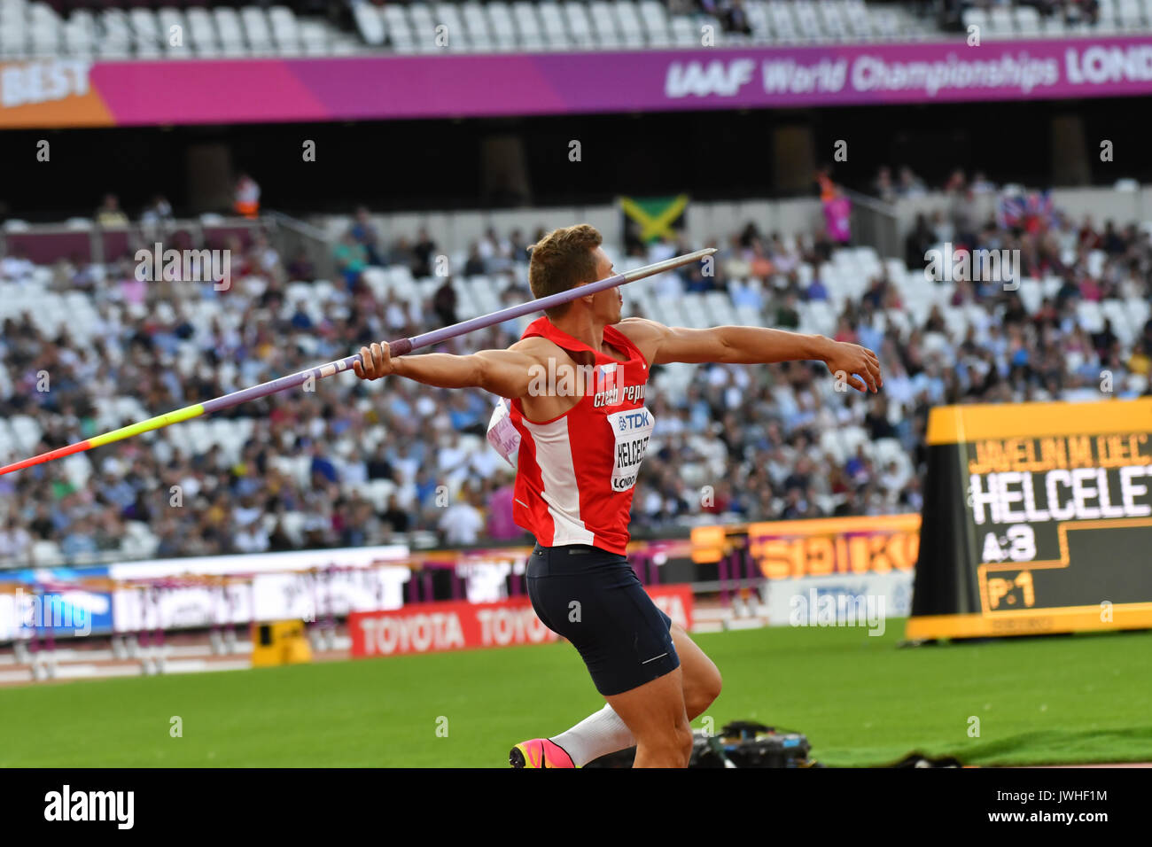 Queen Elizabeth Park, London, UK. 12th August 2017. IAAF World Championships. Day 9. Men's Decathlon, Javelin Throw, Adam Helcelet (CZE) Stock Photo