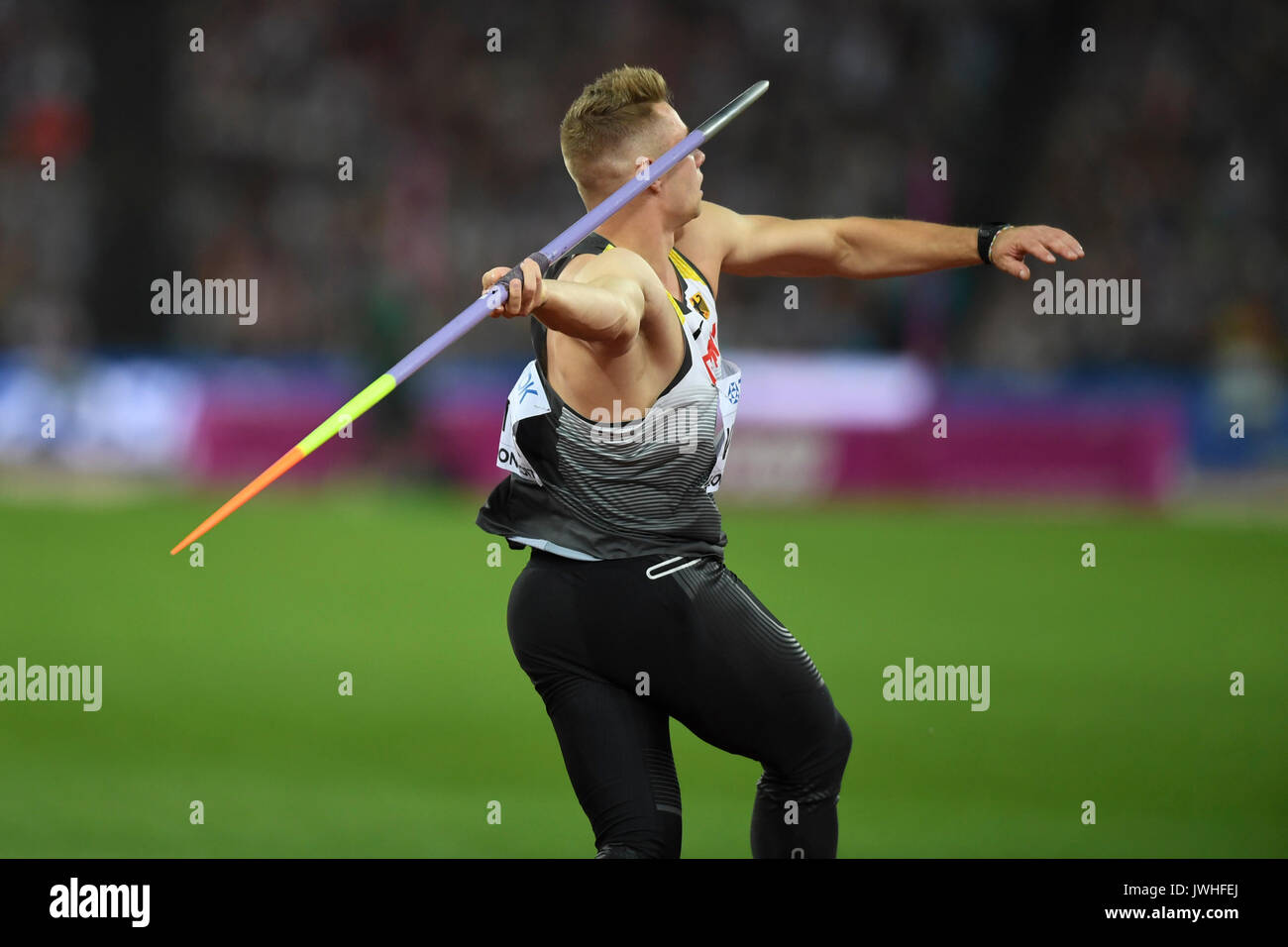 London, UK. 12 August 2017. Johannes Vetter (GER) wins the men's