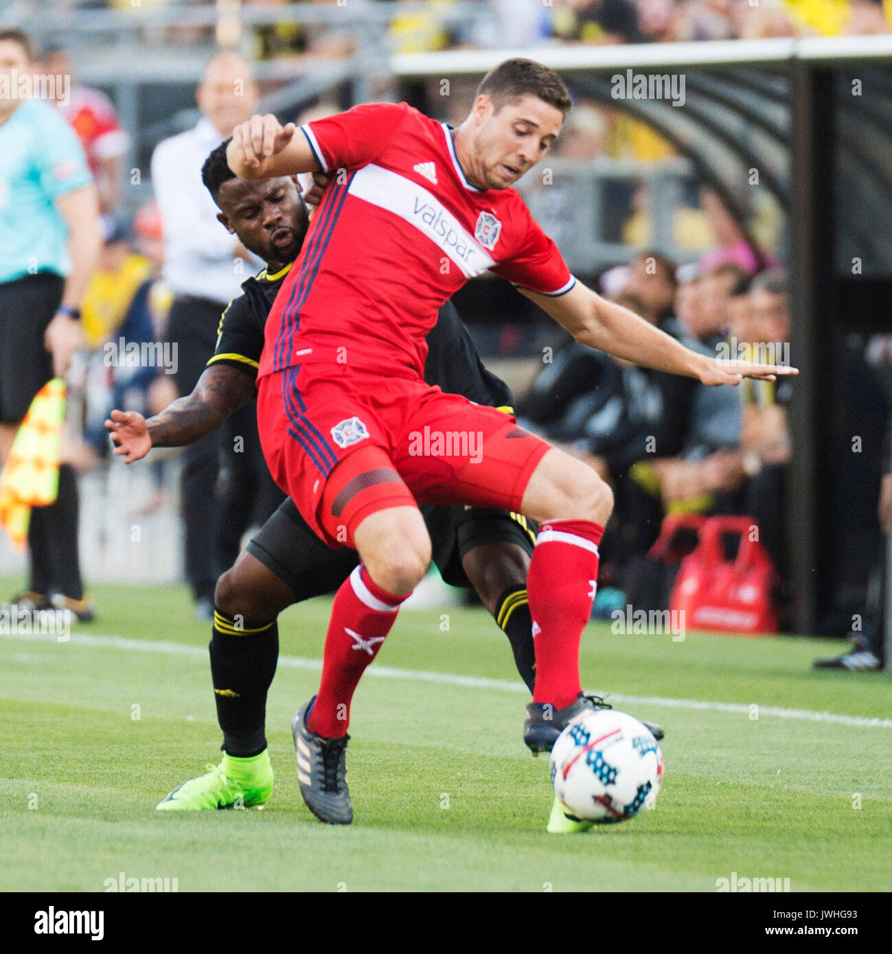 Columbus, U.S.A. 12th Aug, 2017. August 12, 2017: Chicago Fire midfielder Matt Polster (2) and Columbus Crew defender Waylon Francis (14) fight for the ball in their match at Mapfre Stadium. Columbus, Ohio, USA Credit: Brent Clark/Alamy Live News Stock Photo
