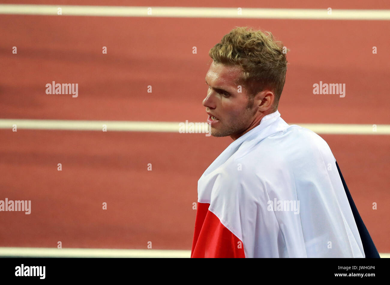London, Britain. 12th Aug, 2017. Kevin Mayer of France celebrates after Men's Decathlon on Day 9 of the 2017 IAAF World Championships at London Stadium in London, Britain, on Aug. 12, 2017. Credit: Luo Huanhuan/Xinhua/Alamy Live News Stock Photo