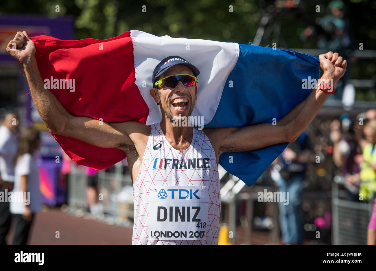 London, UK. 13th Aug, 2017. French athlete Yohann Diniz celebrates after competing in the 50 kilometer marathon at the IAAF London 2017 World Athletics Championships in London, United Kingdom, 13 August 2017. Diniz finished in first place. Photo: Bernd Thissen/dpa/Alamy Live News Stock Photo