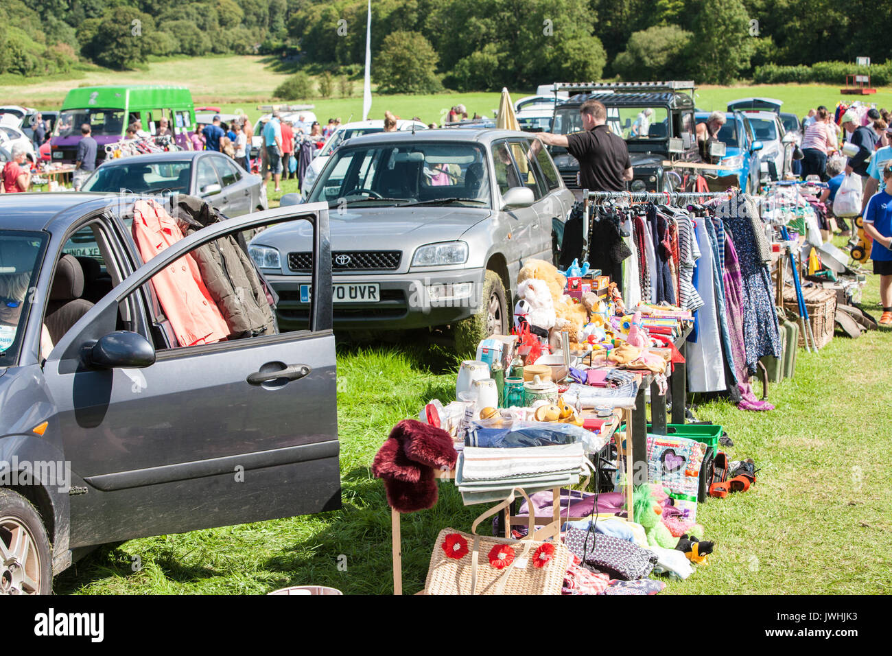 Tre'r-ddol village,Ceredigion, Wales, UK. 13th August, 2017. Sunday car boot sale.Popular with tourists to the coastal area and locals. Held in the village of Tre'r-ddol,between Machynlleth and Aberystwyth,Ceredigion,Mid,Wales,U.K.,Europe. Credit: Paul Quayle/Alamy Live News Stock Photo