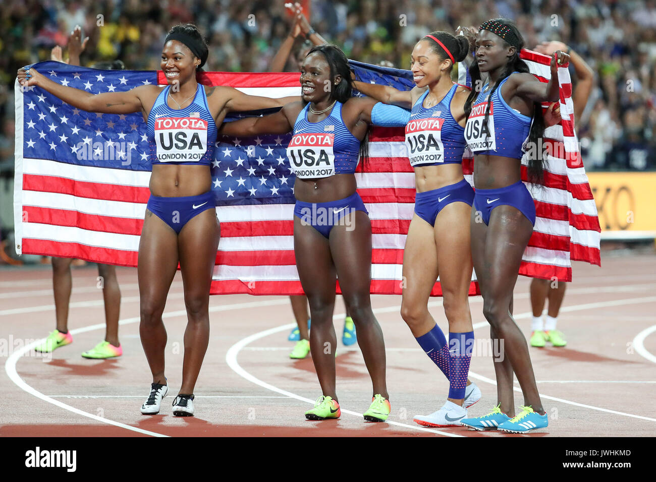 Team USA celebrate their victory in the women’s 4x100m relay on day nine of the IAAF London 2017 world Championships at the London Stadium. © Paul Davey. Stock Photo
