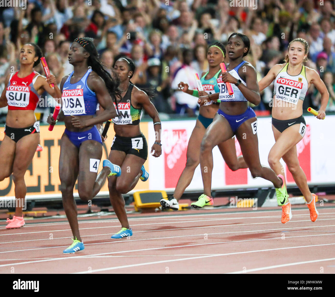 London, UK. 12th Aug, 2017.  Tori Bowie, USA, wins ahead Great Britain's Daryll Neita and Jamaica's Sashalee Forbes in the women's 4x100m relay on day nine of the IAAF London 2017 world Championships at the London Stadium. Credit: Paul Davey/Alamy Live News Stock Photo