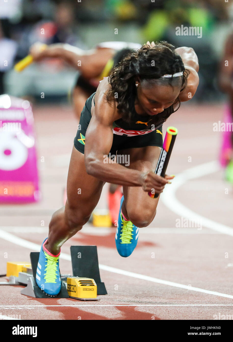London, UK. 12th Aug, 2017.  Jura Levy starts for Jamaica in the women's 4x100m relay on day nine of the IAAF London 2017 world Championships at the London Stadium. Credit: Paul Davey/Alamy Live News Stock Photo