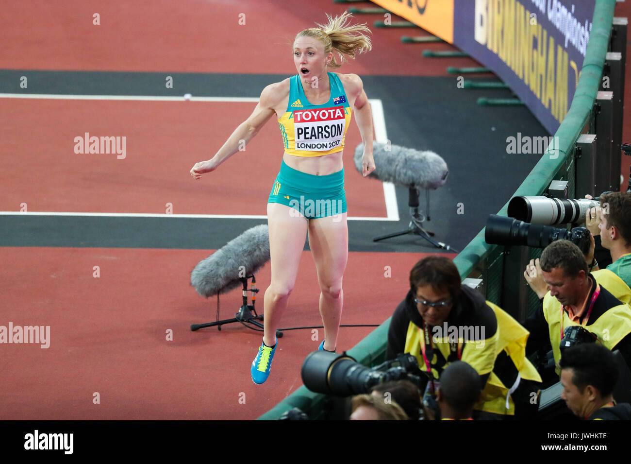 London, UK. 12th Aug, 2017.  Sally Pearson, Australia, after winning the women's 100m hurdles final on day nine of the IAAF London 2017 world Championships at the London Stadium. Credit: Paul Davey/Alamy Live News Stock Photo