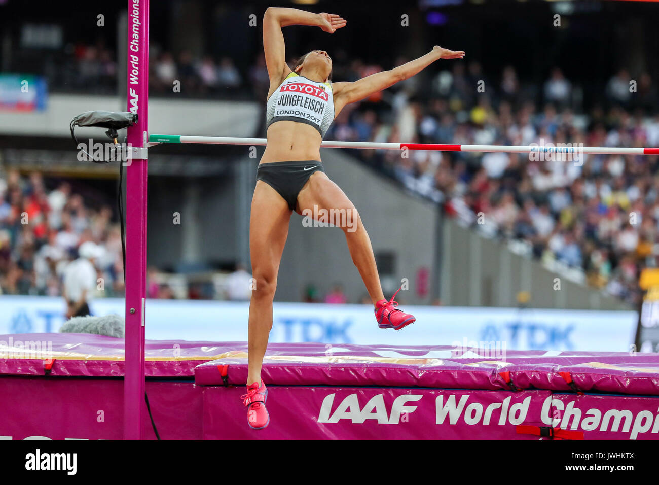 London, UK. 12th Aug, 2017.  Marie-Laurence Jungfleisch, Germany, the women's high jump final on day nine of the IAAF London 2017 world Championships at the London Stadium. Credit: Paul Davey/Alamy Live News Stock Photo