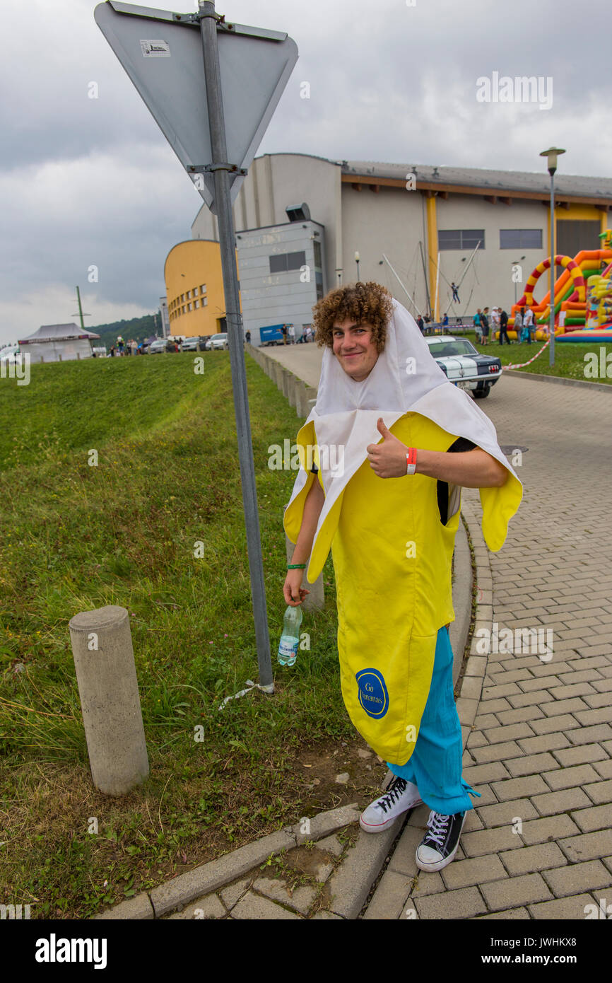 Bielsko-Biala, Poland. 12th Aug, 2017. International automotive trade fairs - MotoShow Bielsko-Biala. Man dressed as a banana. Credit: Lukasz Obermann/Alamy Live News Stock Photo