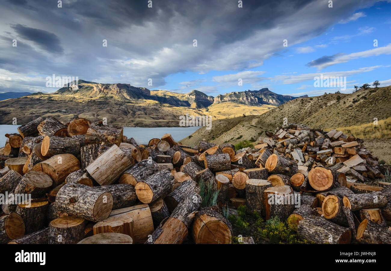 Fire logs stored for winter near Shoshone rive and view of Rocky Mountains foothills as dawn breaks in summer near Cody, Wyoming, USA. Stock Photo