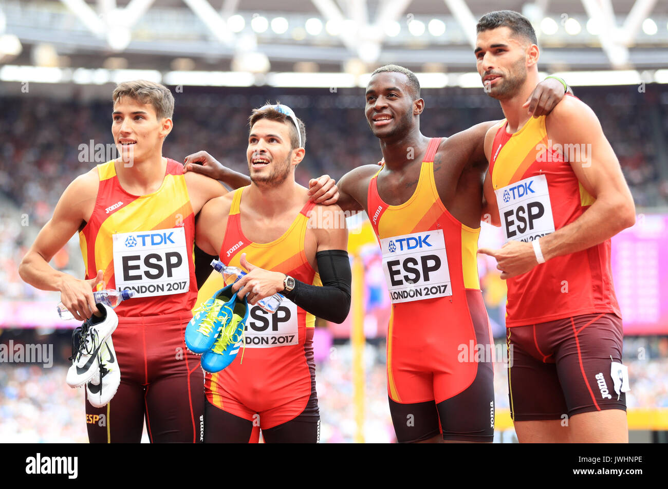 The Spanish Men's 4x400m Relay Team Lucas Bua, Oscar Husillos, Darwin Echeverry and Samuel Garcia during day nine of the 2017 IAAF World Championships at the London Stadium. Stock Photo