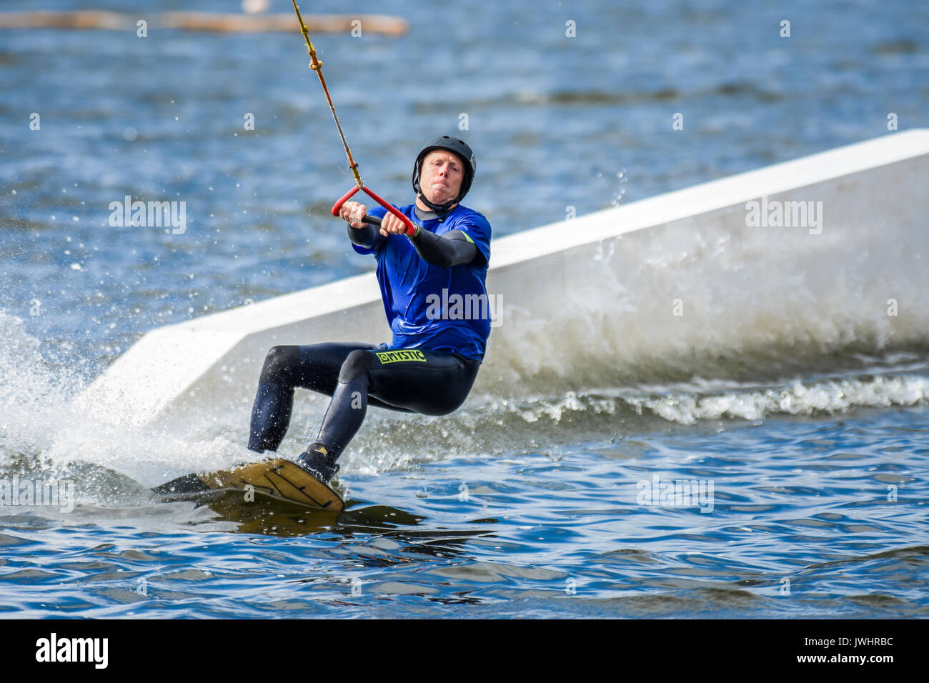Wakeboarding via a cable tow system at Chasewater, Staffordshire, UK