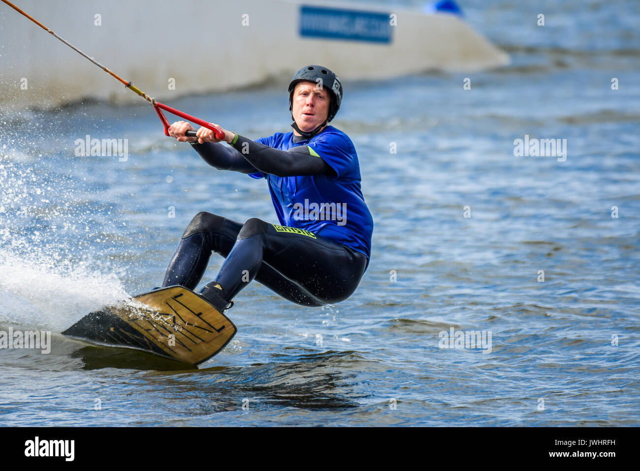 Wakeboarding via a cable tow system at Chasewater, Staffordshire, UK Stock Photo