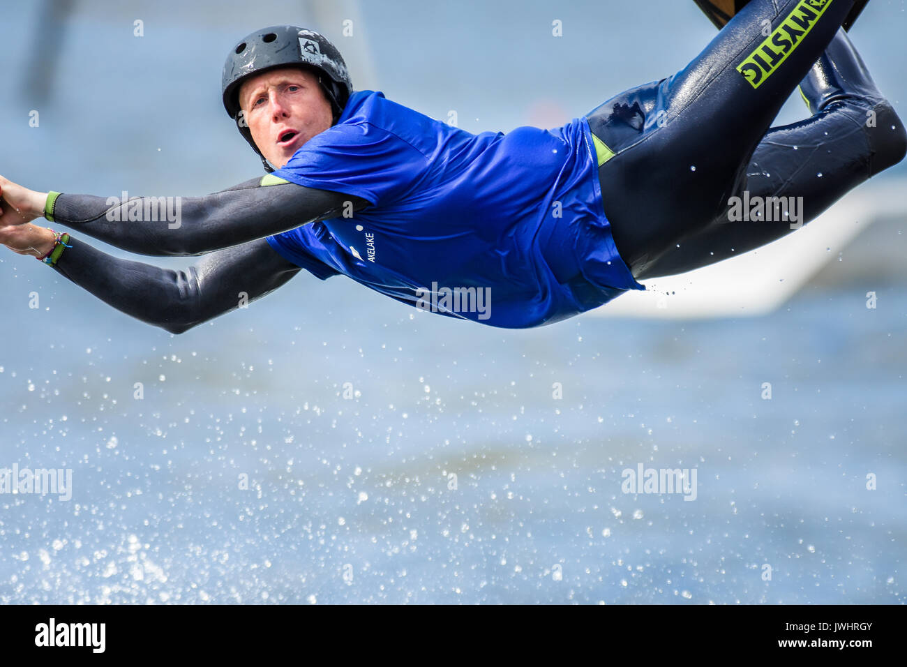Wakeboarding via a cable tow system at Chasewater, Staffordshire, UK