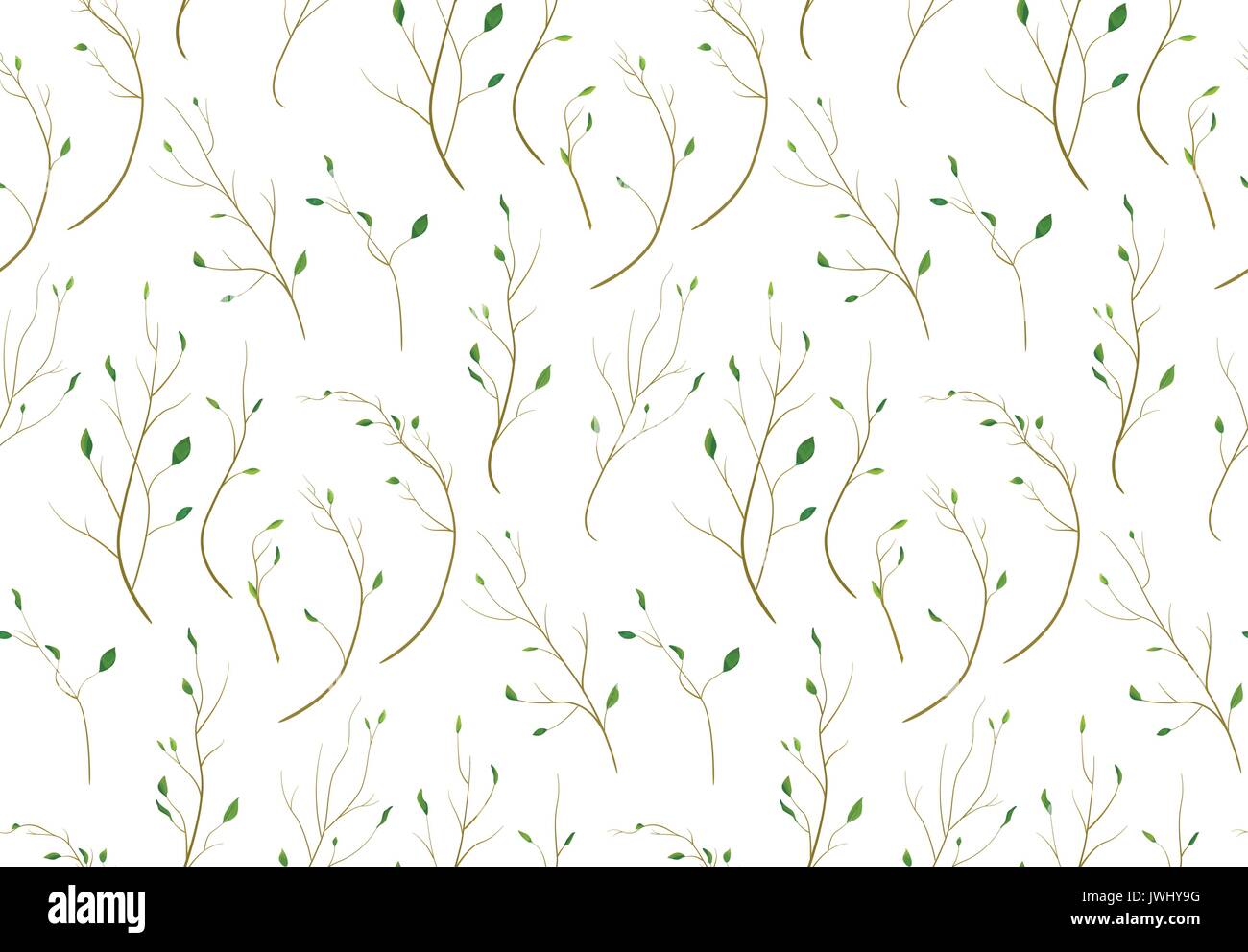 Pattern seamless of Tree branch different foliage natural branches, green leaves elements in watercolor style. Vector decorative beautiful delicate ba Stock Vector