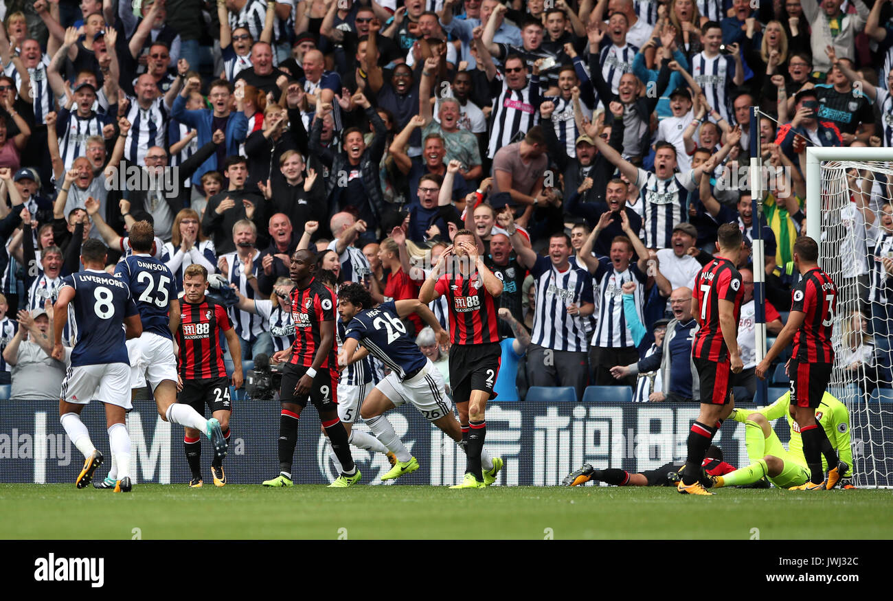 West Bromwich Albion's Ahmed Hegazy celebrates scoring his side's first goal of the game during the Premier League match at The Hawthorns, West Bromwich. Stock Photo