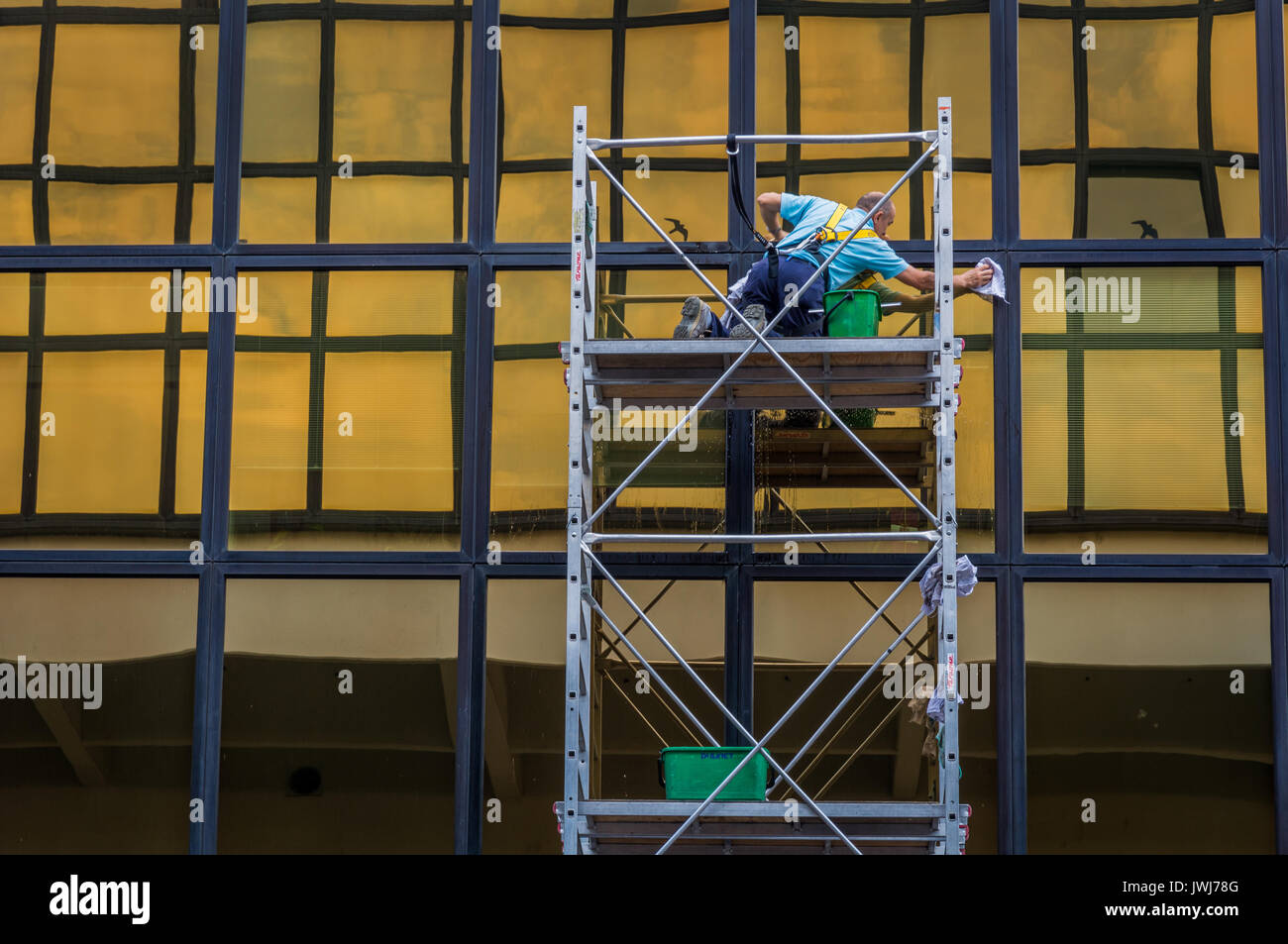 Windows cleaning work, man worker washing glasses windows at height in