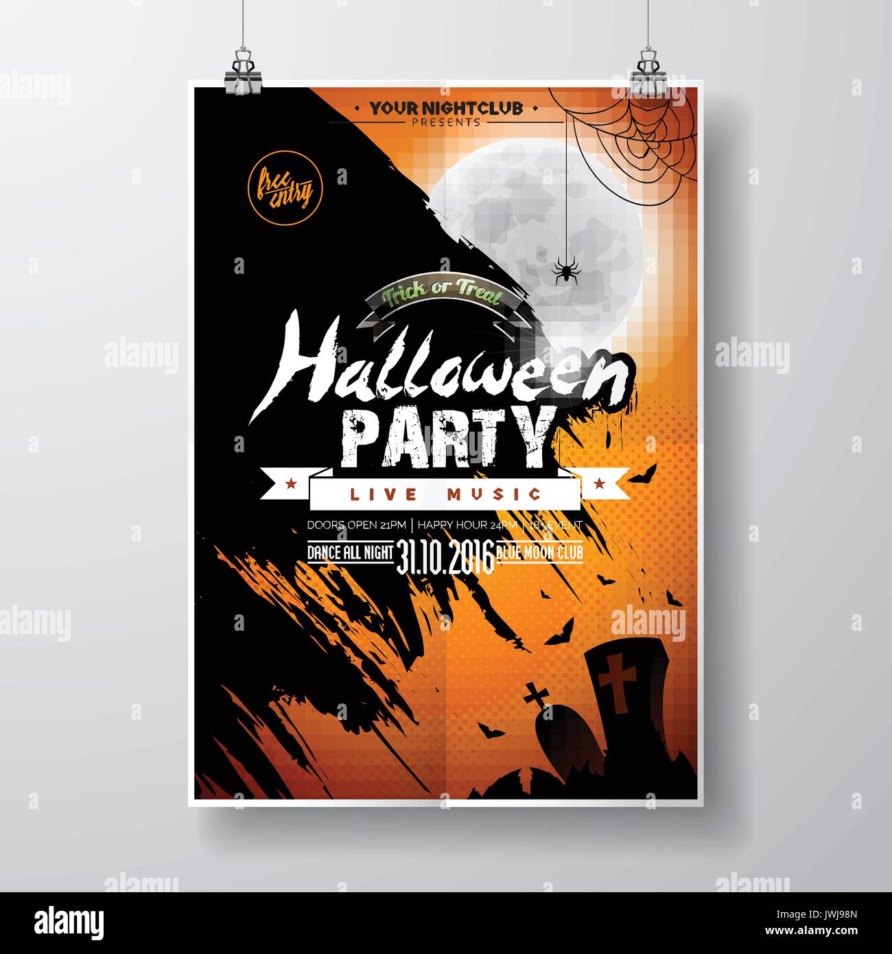 Vector Halloween Party Flyer Design with typographic elements on orange background. Graves, bats and moon. Eps10 illustration. Stock Vector