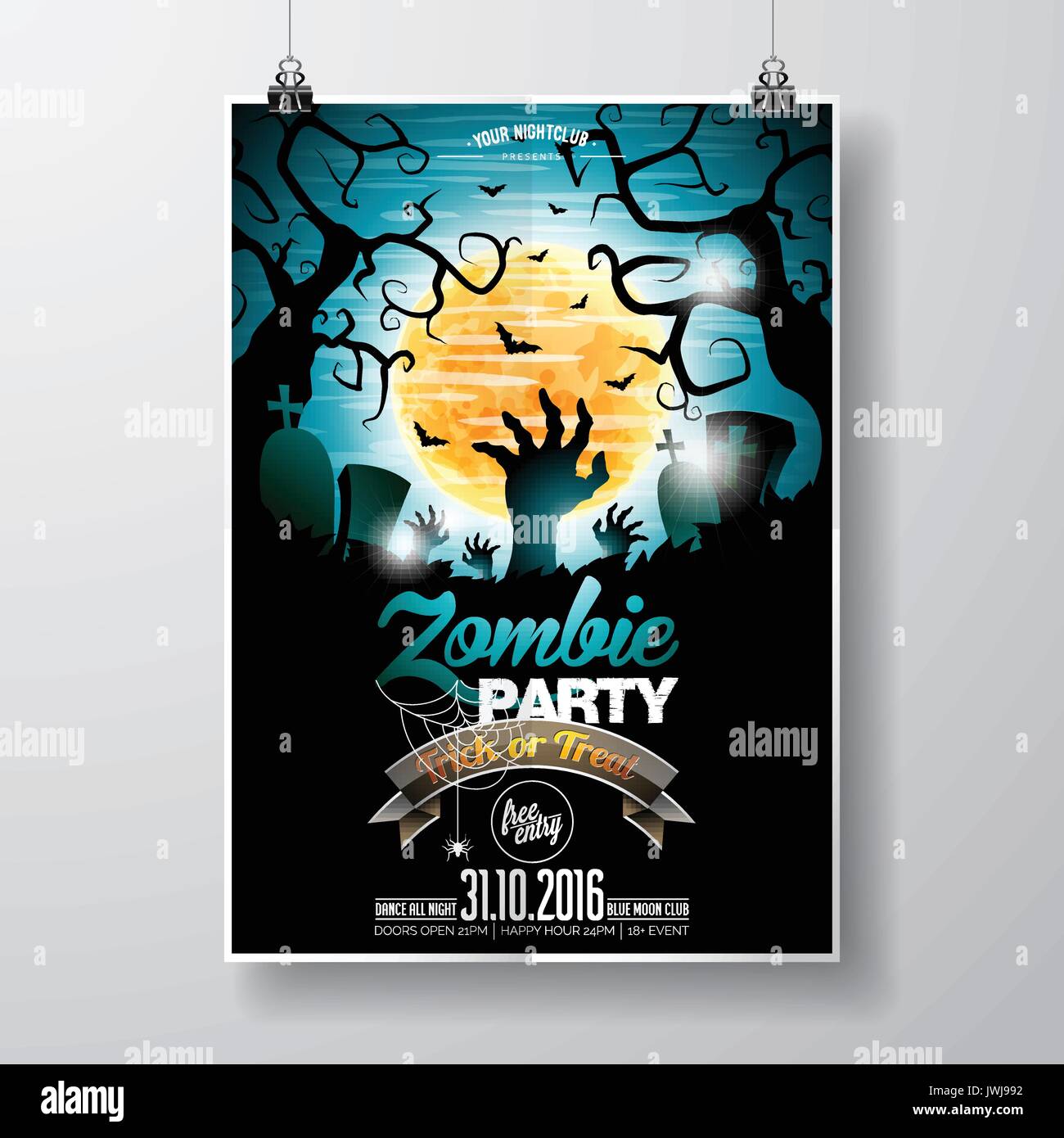 Vector Halloween Zombie Party Flyer Design with typographic elements on blue background. Graves and moon. Eps10 illustration. Stock Vector