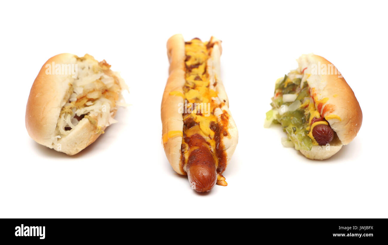Three hotdogs in a row on a white background Stock Photo