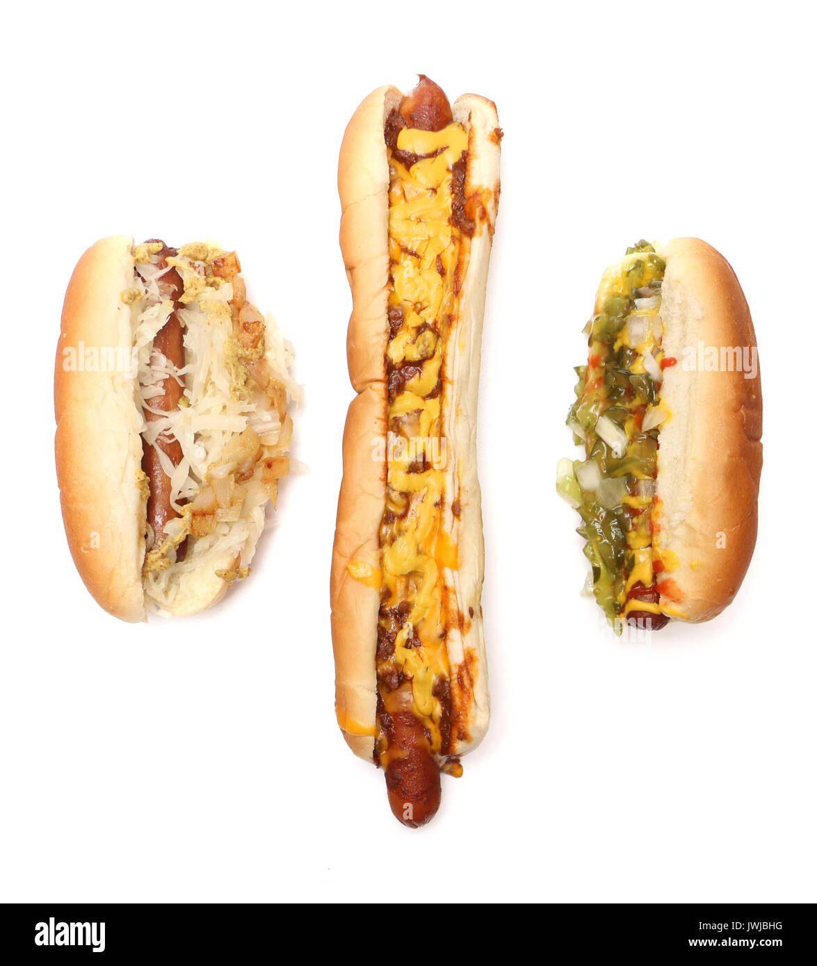 Three hotdogs in a row on a white background Stock Photo