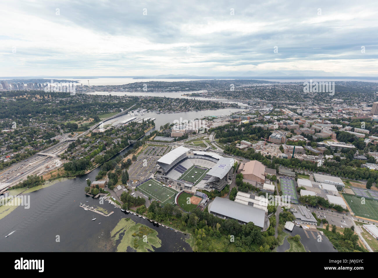 aerial view of Husky Stadium with University of Washington in the background, Seattle, Washington State, USA Stock Photo