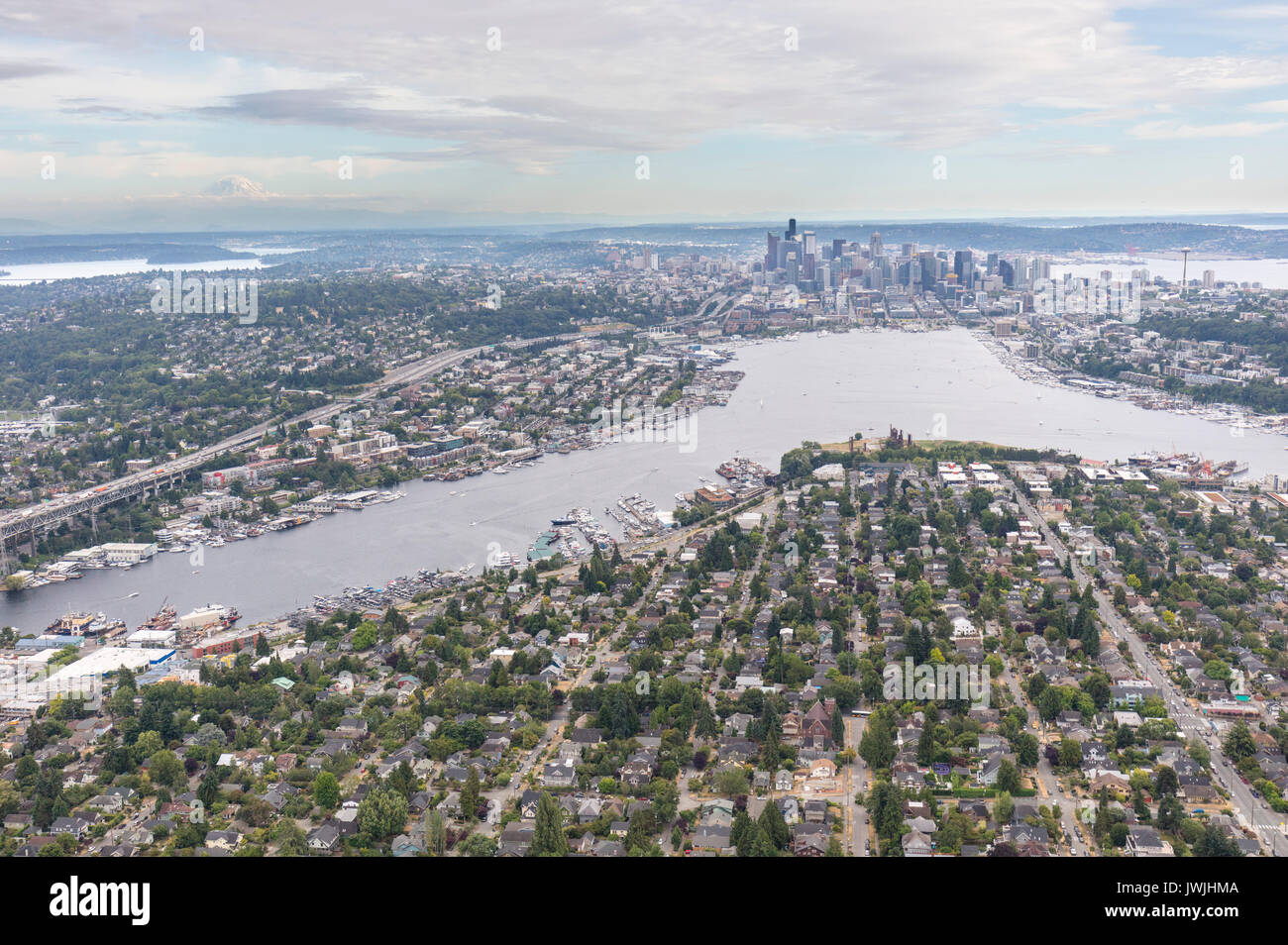aerial view from Wallingford of Lake Union and downtown Seattle