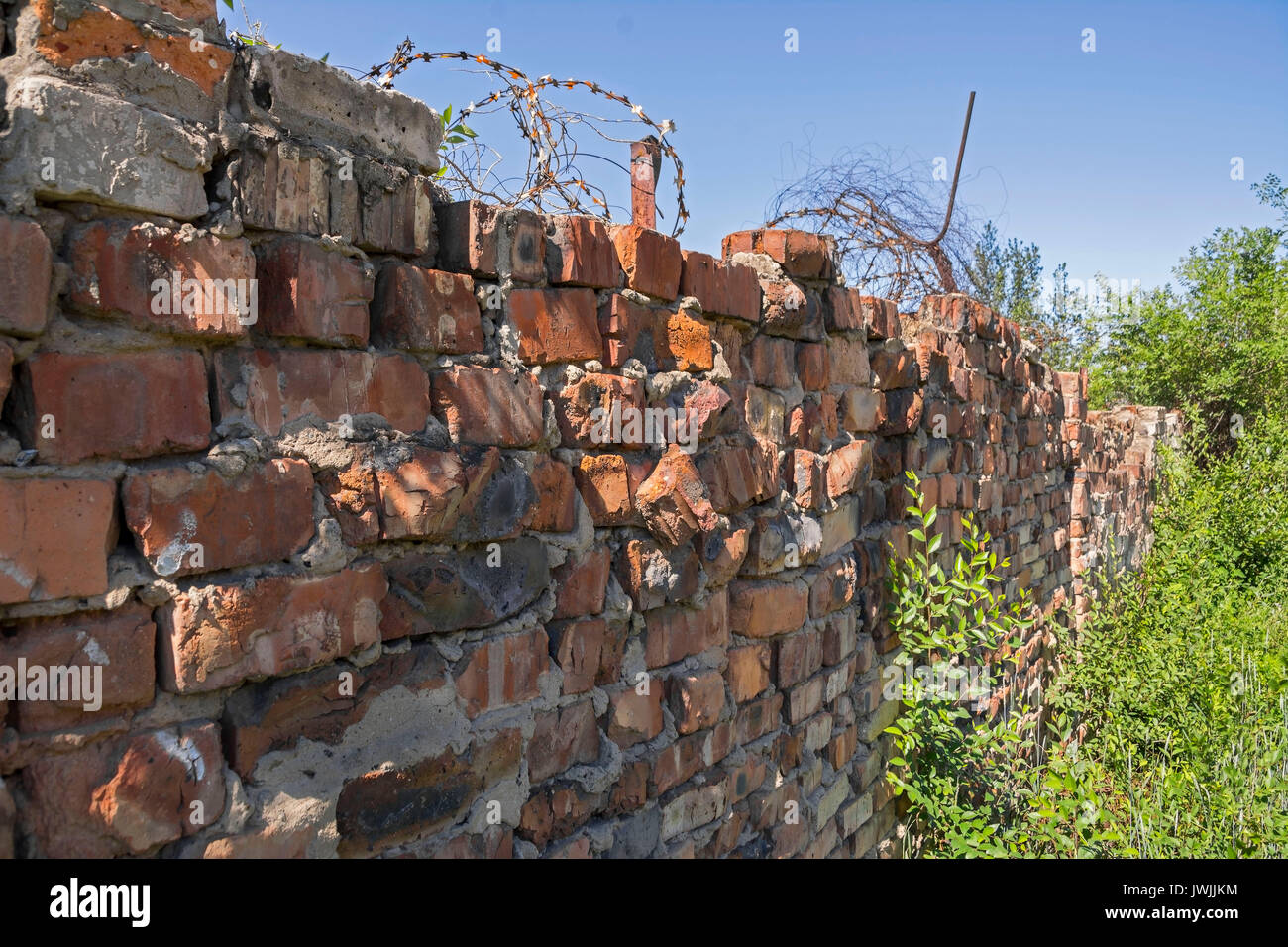 Old destroyed brick fence with barbed wire on field. Part of brick wall in ruins Stock Photo
