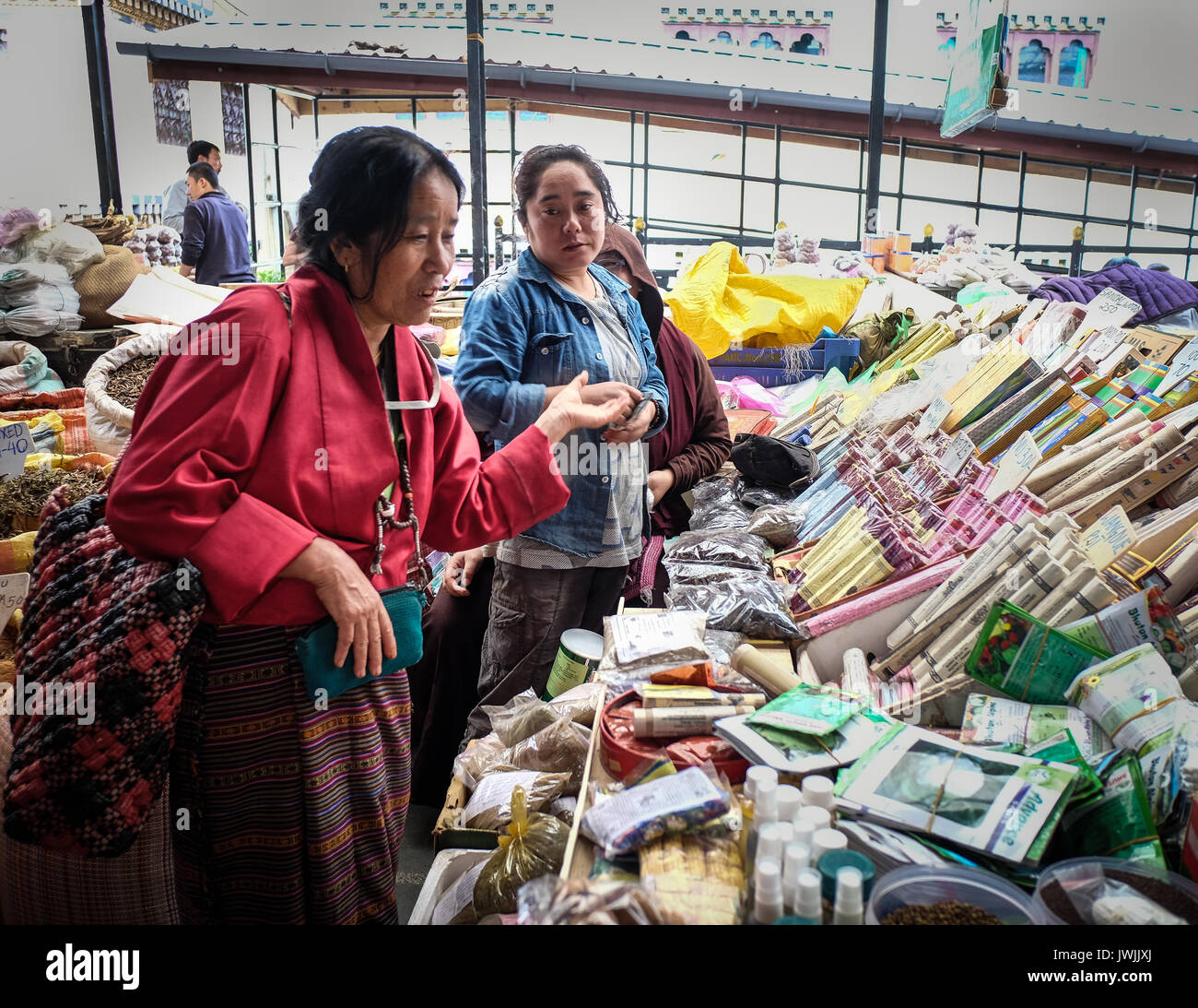 Thimphu, Bhutan - Aug 29, 2015. Vendors at rural market in Thimphu, Bhutan. In South Asia, Bhutan ranks first in economic freedom, ease of doing busin Stock Photo