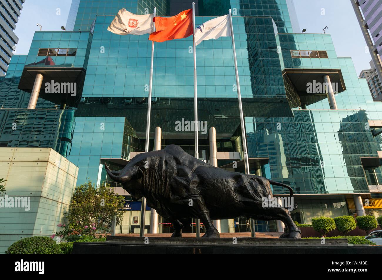 Bull statue outside of Shenzhen Stock Exchange, a major stock market in China, in Shenzhen, Guangdong province, China Stock Photo
