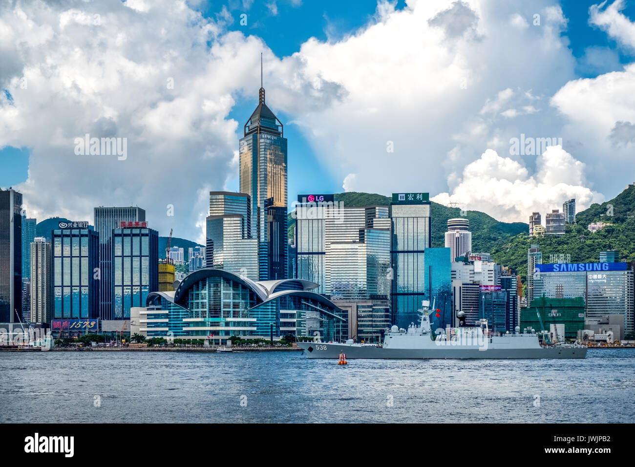 Victoria Harbour, Hong Kong  - June 11, 2017 : Yantai (number 538) multi-role frigate acrossed Victoria harbour of Hong Kong returning naval base in m Stock Photo