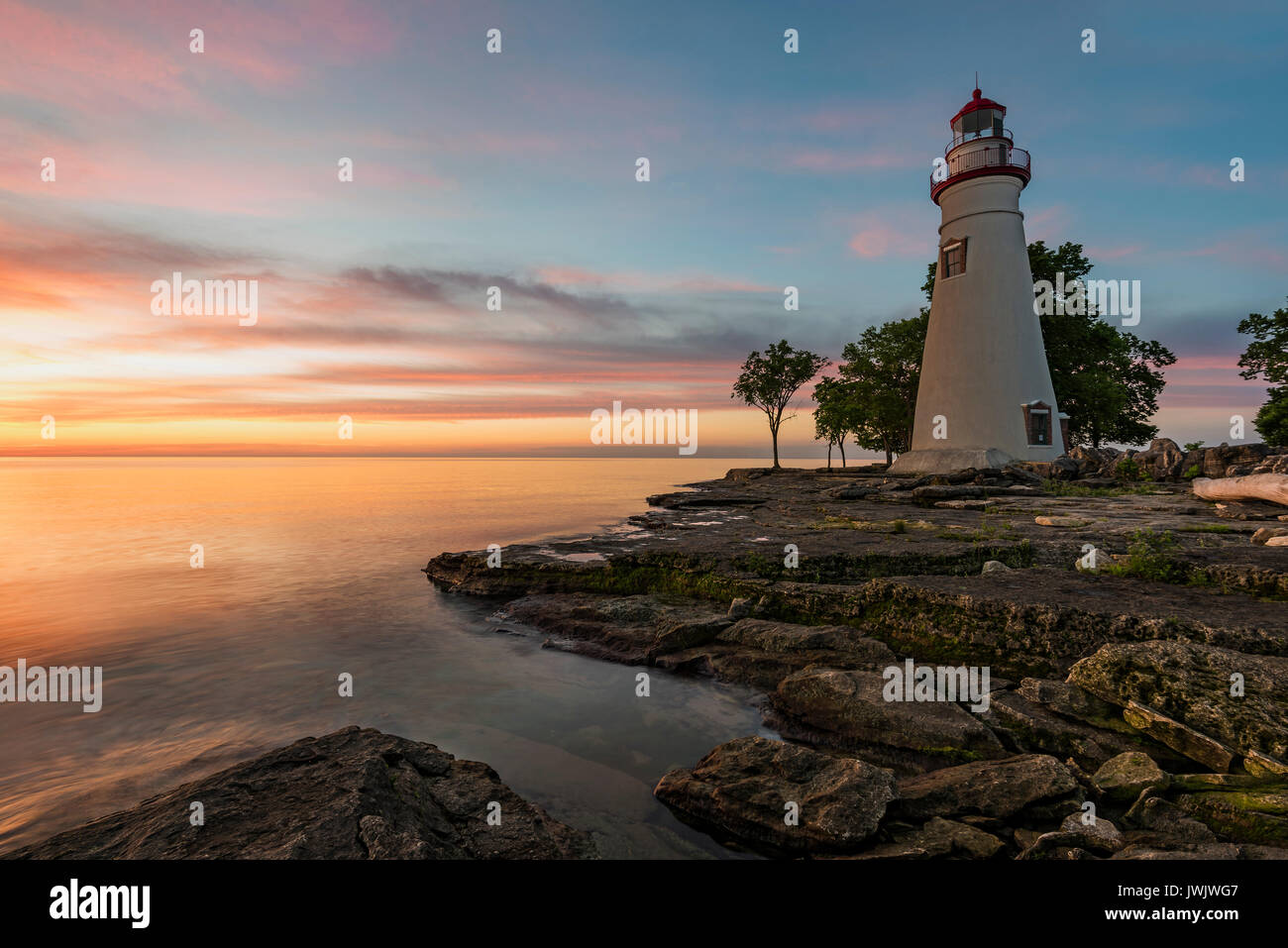 Sunrise at Marblehead Lighthouse, Marblehead Lighthouse State Park, Ottawa County, Ohio Stock Photo