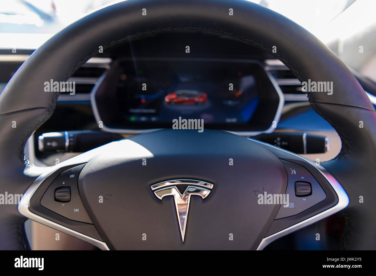 Steering wheel and dashboard of a Tesla Model S P100D Stock Photo