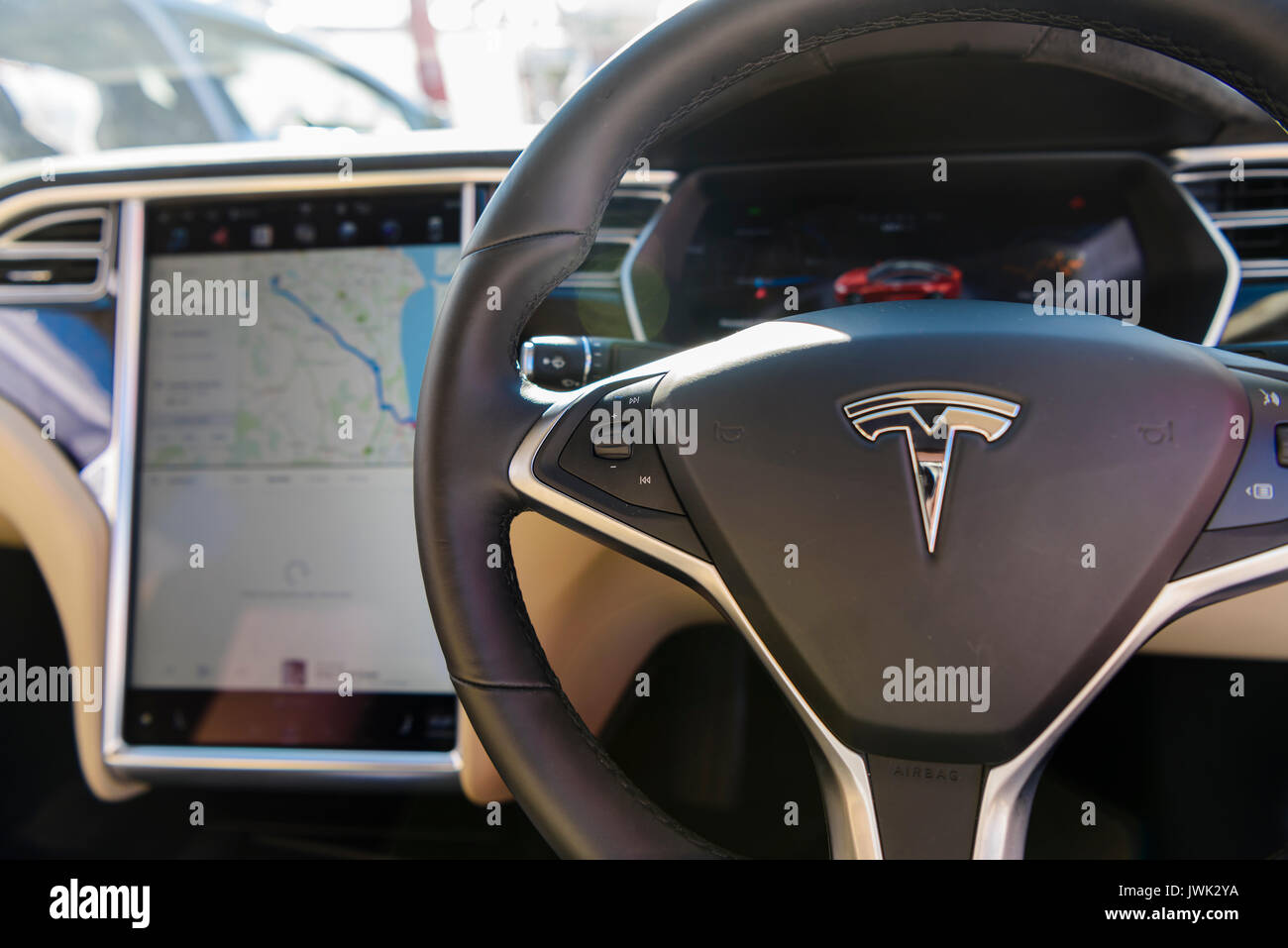 Steering wheel, centre console and dashboard of a Tesla Model S P100D Stock Photo