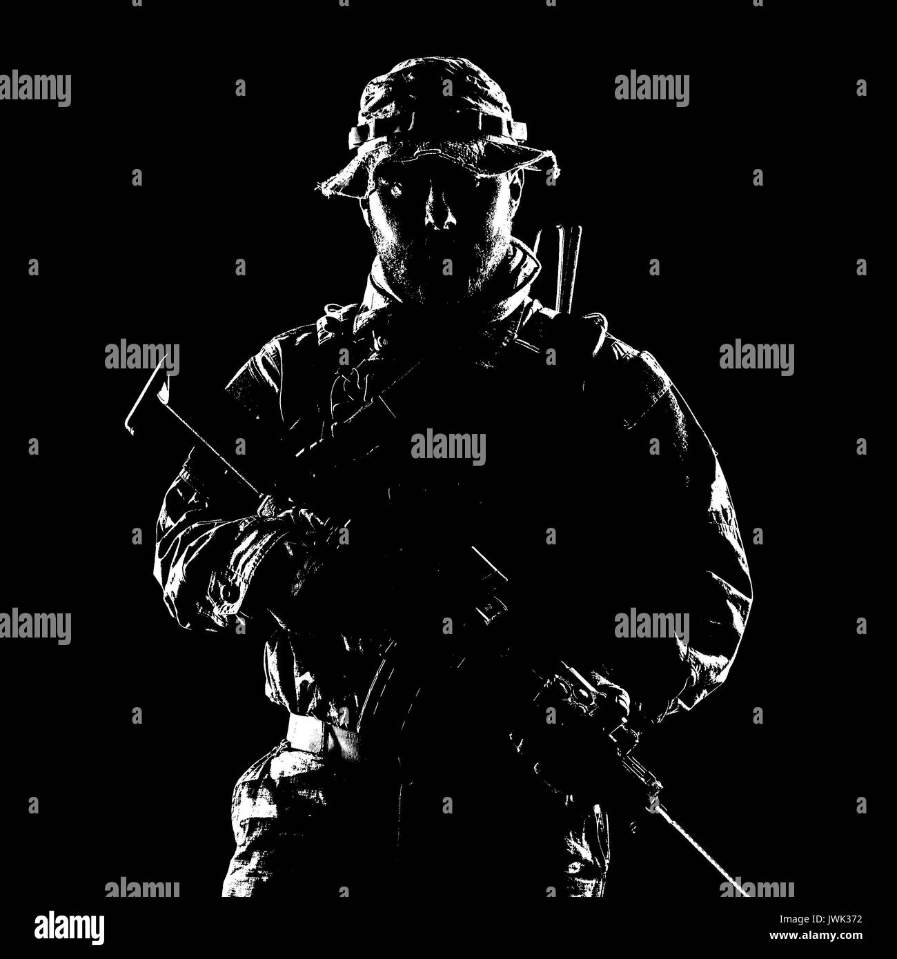 Bearded Special forces United States in Camouflage Uniforms studio shot