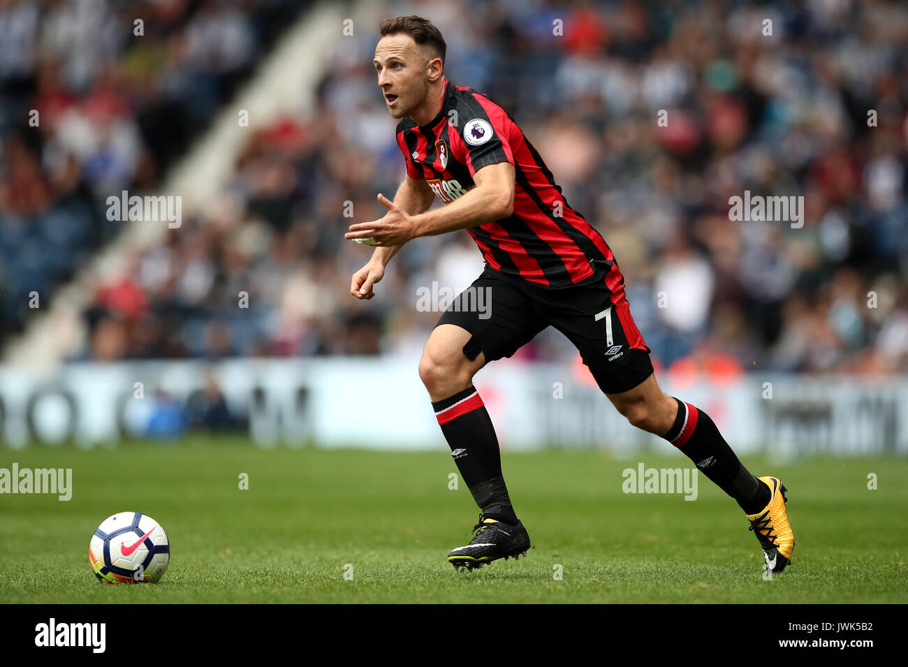 AFC Bournemouth's Marc Pugh during the Premier League match at The Hawthorns, West Bromwich. PRESS ASSOCIATION Photo. Picture date: Saturday August 12, 2017. See PA story SOCCER West Brom. Photo credit should read: Nick Potts/PA Wire. RESTRICTIONS: No use with unauthorised audio, video, data, fixture lists, club/league logos or 'live' services. Online in-match use limited to 75 images, no video emulation. No use in betting, games or single club/league/player publications. Stock Photo