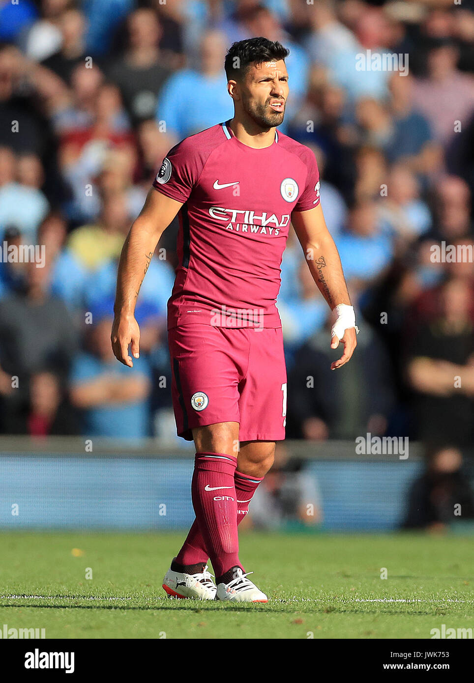 Manchester City's Sergio Aguero during the Premier League match at the AMEX Stadium, Brighton. PRESS ASSOCIATION Photo. Picture date: Saturday August 12, 2017. See PA story SOCCER Brighton. Photo credit should read: Gareth Fuller/PA Wire. RESTRICTIONS: No use with unauthorised audio, video, data, fixture lists, club/league logos or 'live' services. Online in-match use limited to 75 images, no video emulation. No use in betting, games or single club/league/player publications. Stock Photo