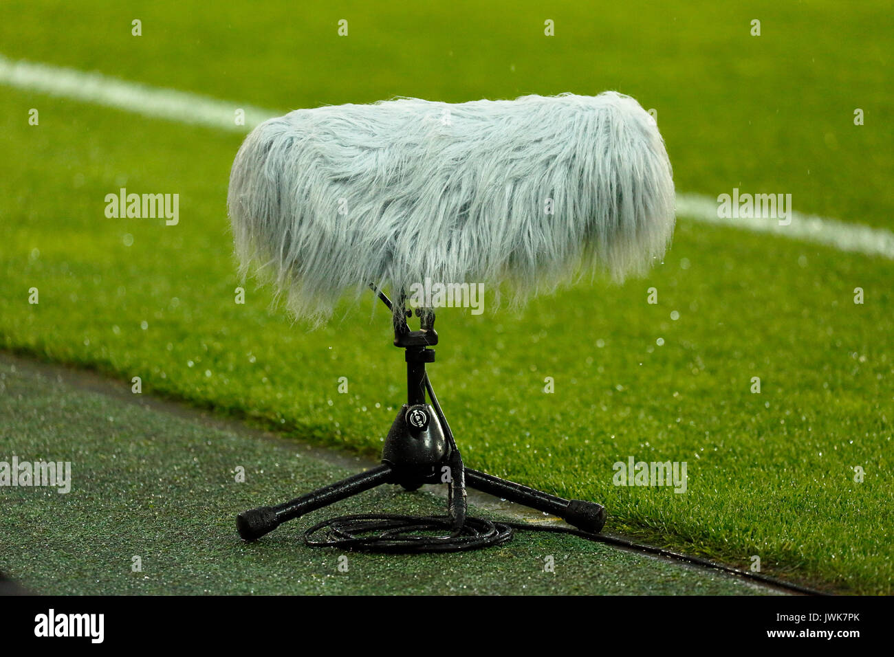 shotgun microphone with sound absorption wind shield on the sidelines, sports, football, Stadium Essen, sports coverage, television Stock Photo