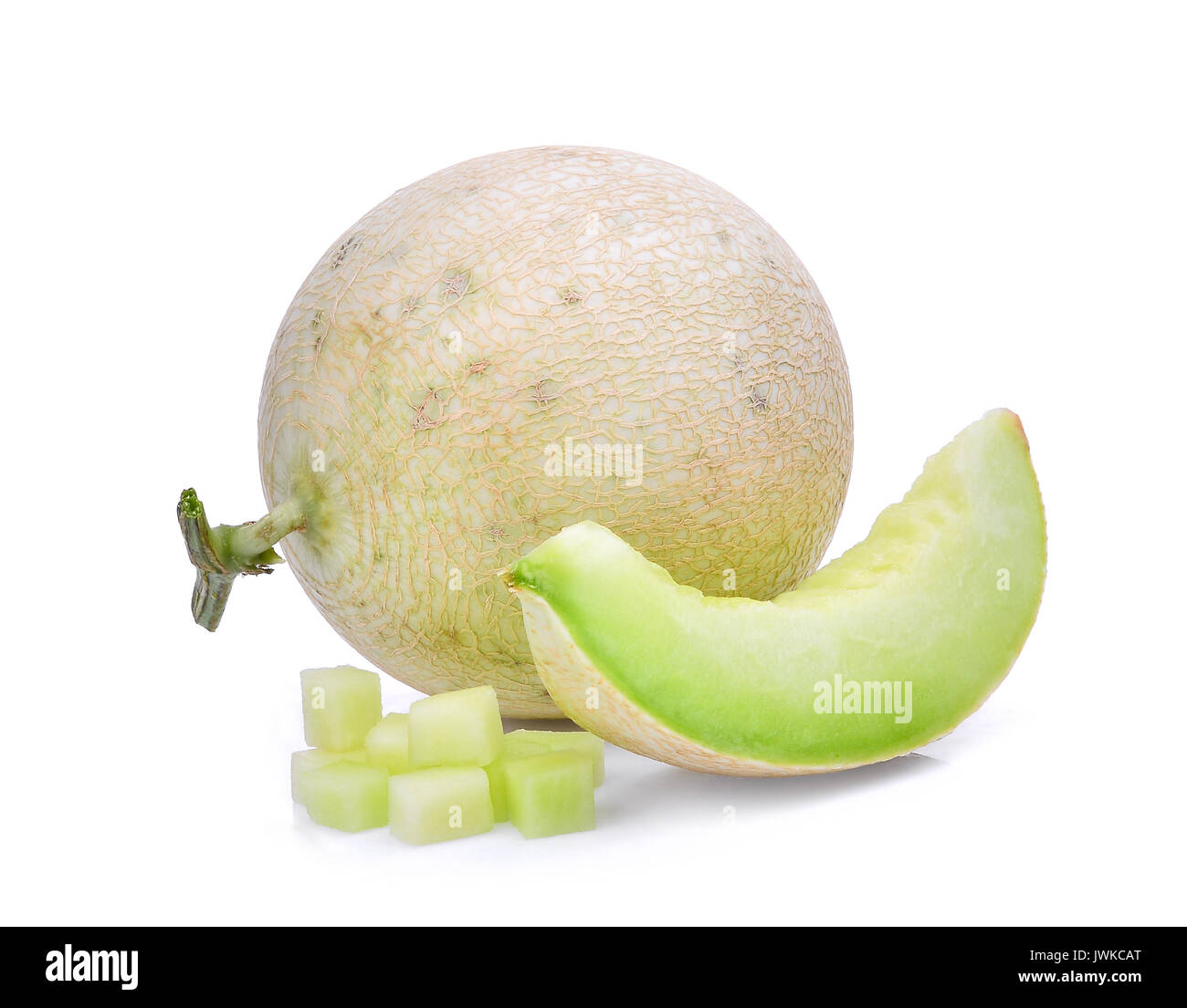green cantaloupe melon with cubes isolated on white background Stock ...