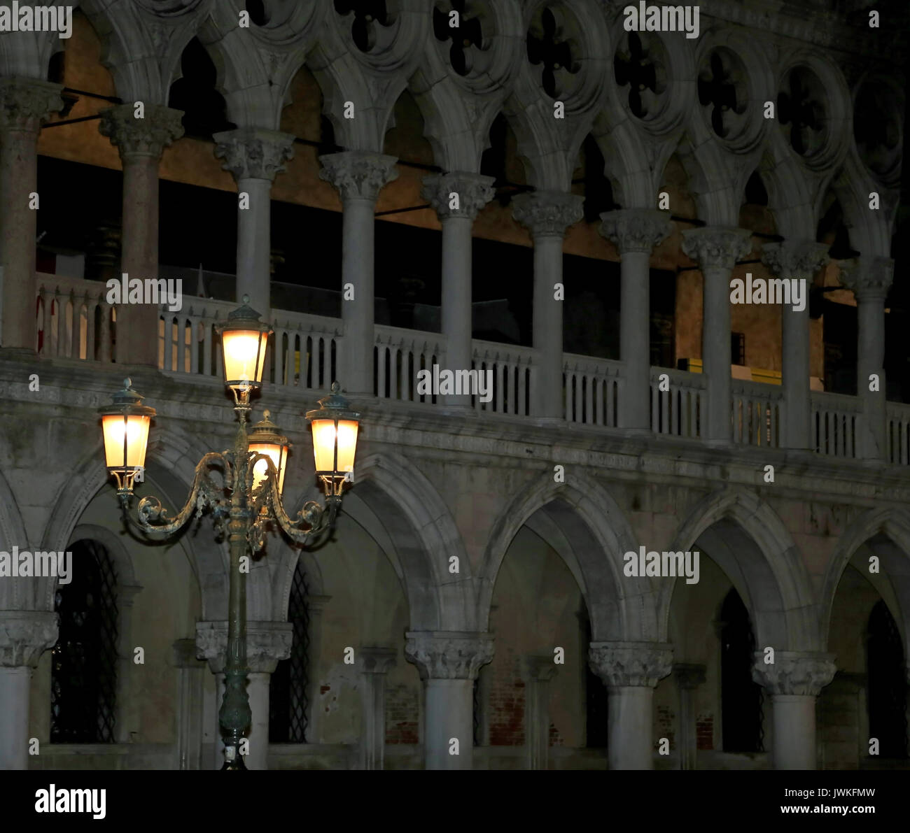 Venice in Italy by night Palace of Doge and a lampstreet with lights Stock Photo