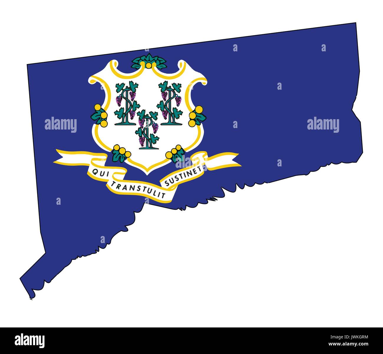 State map outline of Connecticut over a white background with flag